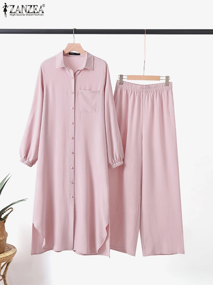 Muslim Sets ZANZEA Vintage Muslim Suit Lapel Neck Long Sleeve Blouse Pant