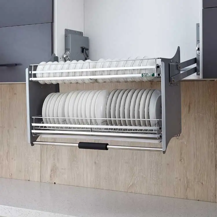 Kitchen Storage Lift Up System Plate Rack Stainless Steel Dish Rack Basket Elevator Organizer Basket