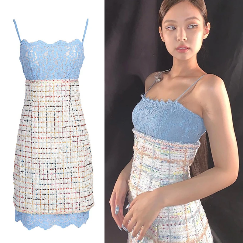 

2023 Summer Fashion Vintage Suspender French Temperament Women Dress Kpop Lace Stitching Famous Brand Dresses Dropshipping