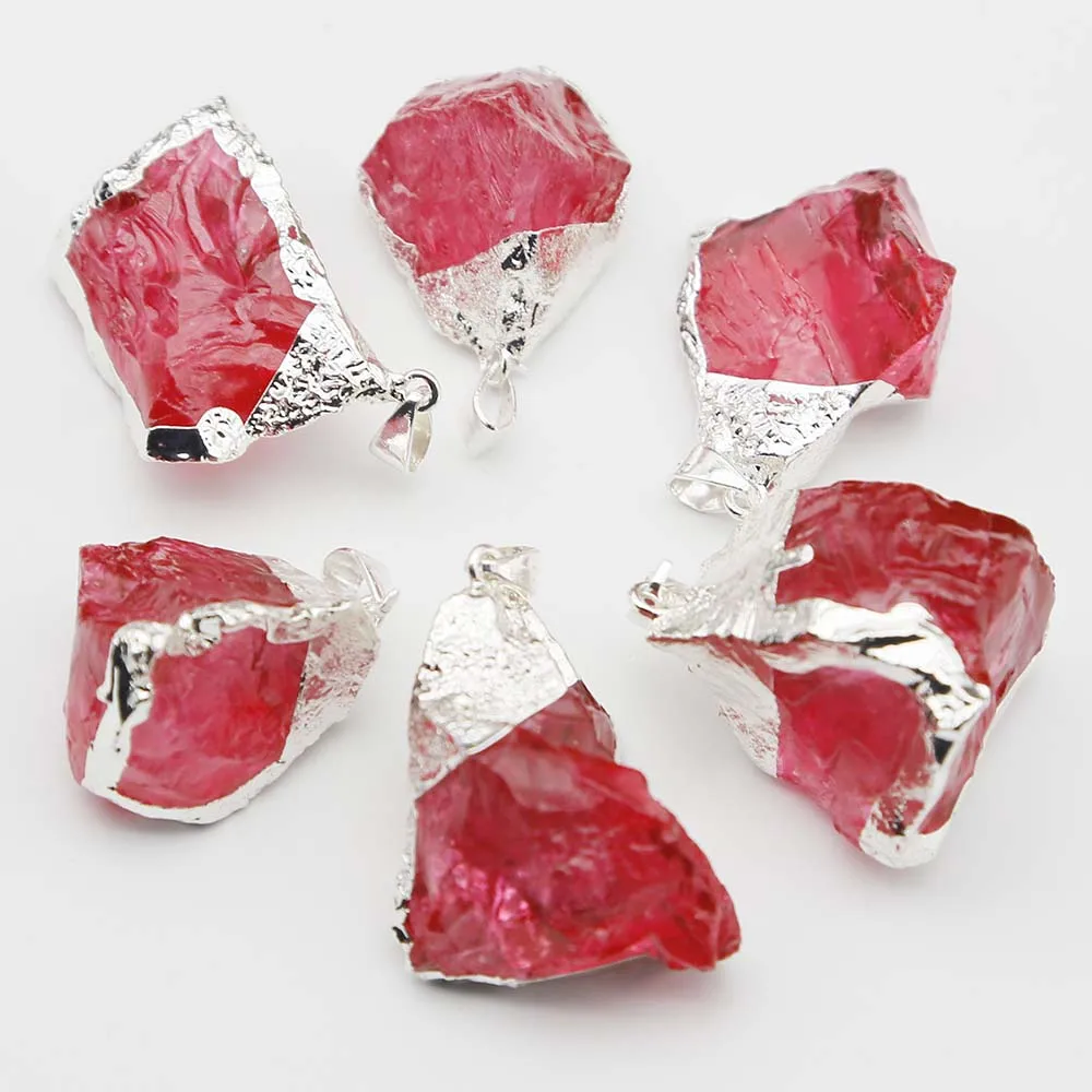 Natural Crystal Stone Multicolor Irregular Plating Silver Edge Pendant Necklace Reiki Charms DIY Jewelry Making Accessories 6Pcs