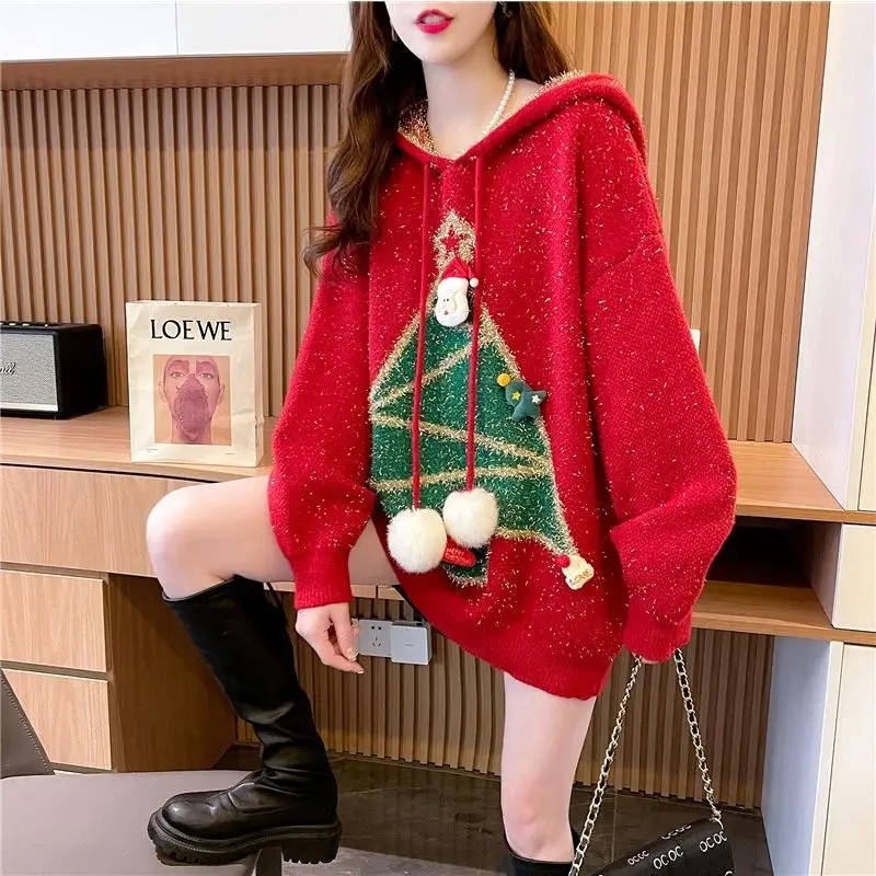 

Пуловер, свитер 2023, Зимний Рождественский свитер, женский свободный Яркий шелковый Повседневный вязаный свитер с капюшоном на Новый год и Рождество, Женский Топ