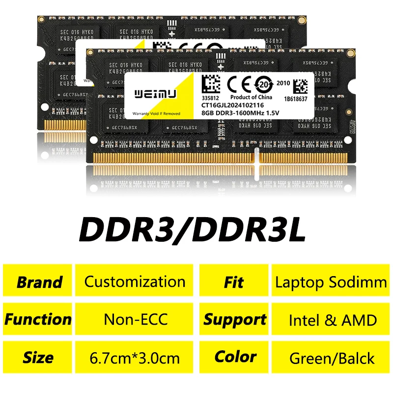 DDR3 DDR3L 4GB 8GB 노트북 메모리 램 PC3 1066 1333 1600 1866Mhz PC3L 8500 10600 12800 204핀 노트북 비-ECC SODIMM 메모리 램