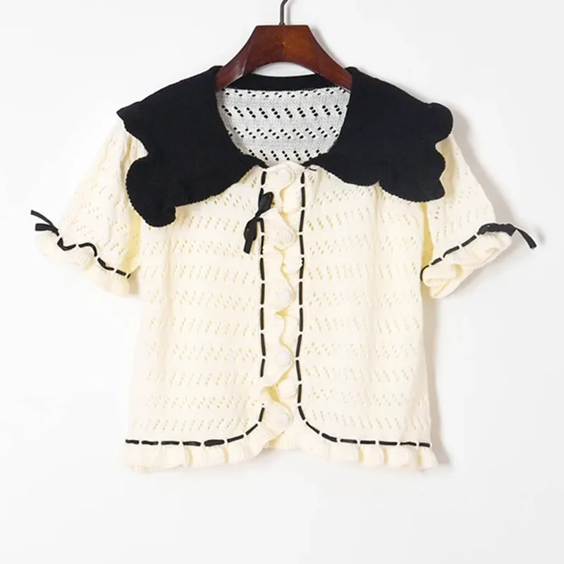 

Hollow out Summer Cardigan 2023 cute summer top Short Sleeve Cardigan Women Button Up Shirt Knit