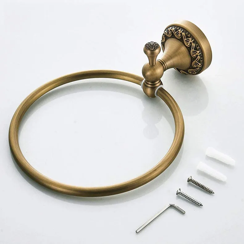 Bathroom Towel holder, Wall Mounted Round Antique Brass Towel Ring Antique Hooks Double Hooks Bathroom Accessories
