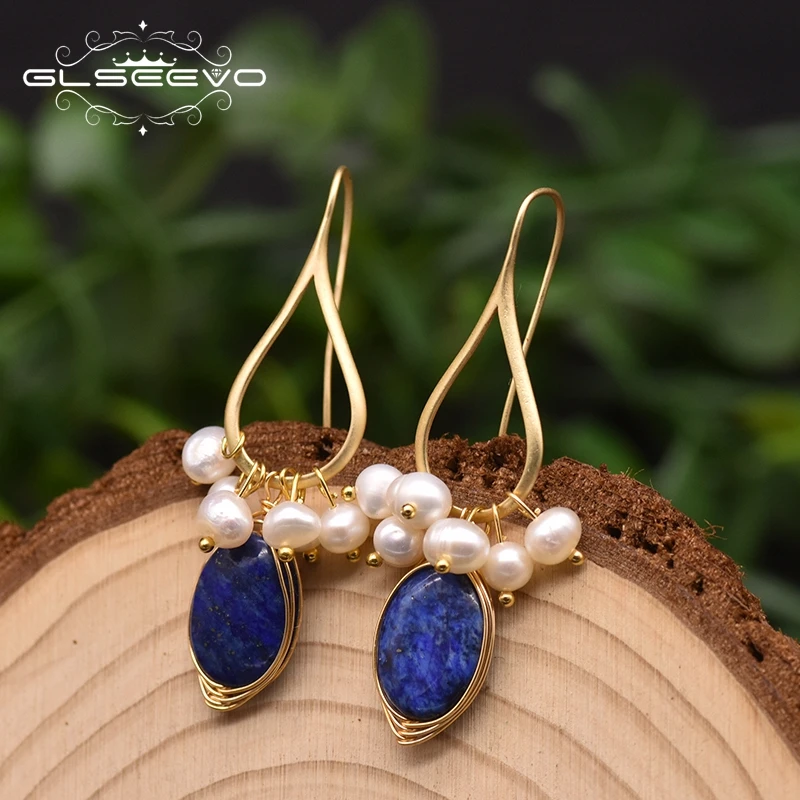 

GLSEEVO Natural lapis lazuli Pearl Temperament Drop Earrings Women Girls Party Gift Original Design Luxury Jewellery Gift GE0988