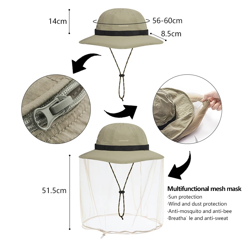 Naturehike Bucket Cap Wide Brim Outdoor Mosquito Repellent Sunscreen  Breathable Fisherman Hat Mountaineering Hiking Camping Hats