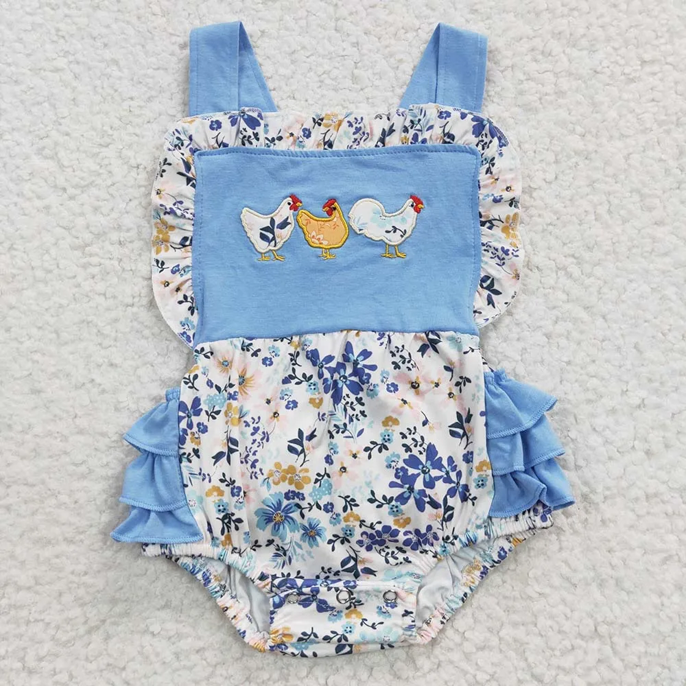 Wholesale Newborn Romper Floral Blue Jumpsuit Embroidery Chicken Toddler Kid Children Summer Matching Baby Boy Girl One-piece 4