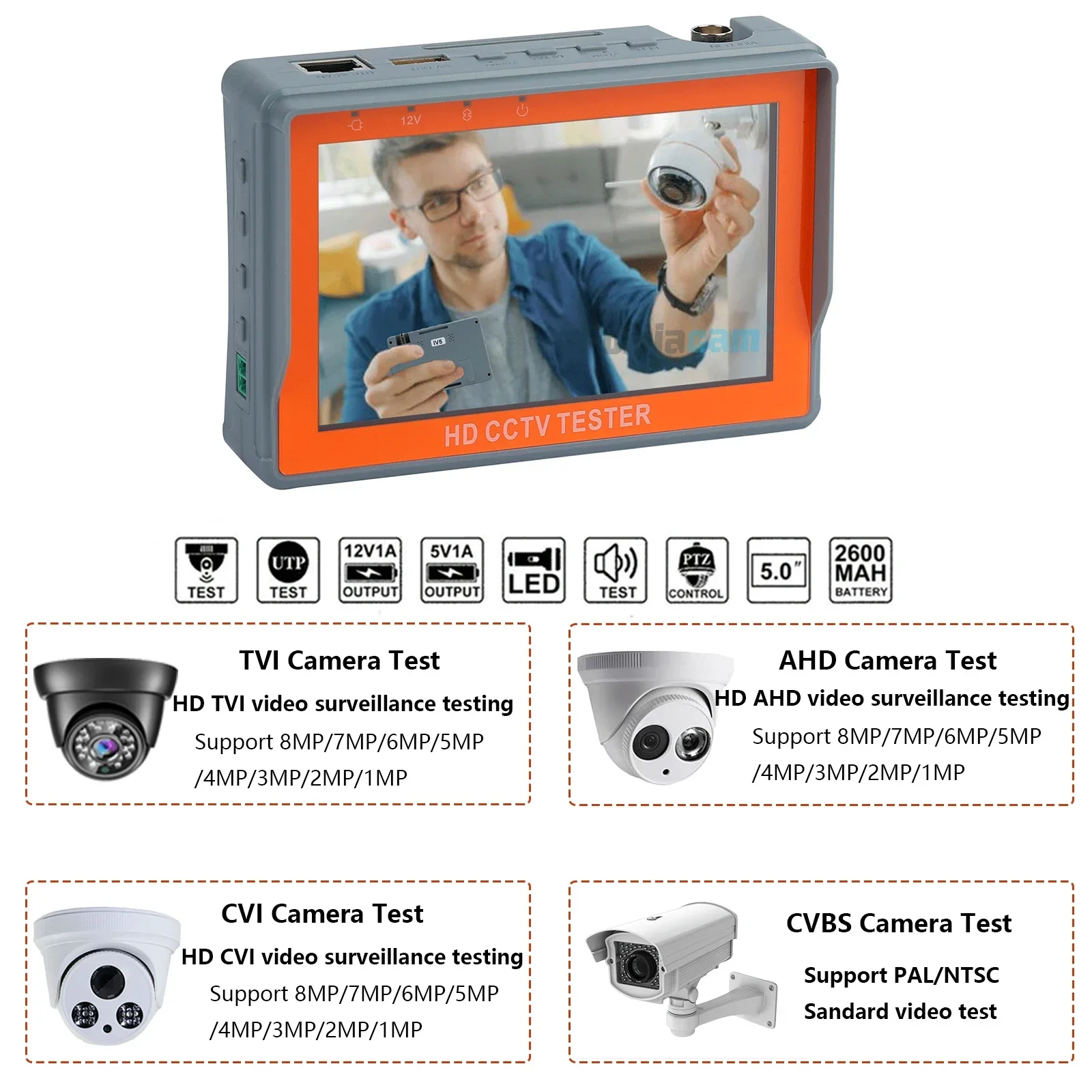 CCTV Tester IV5 8MP 12V1A AHD TVI CVI 5'' Monitor Security PTZ Support PAL/NTSC Video Signal CVBS Testing Portable CCTV Tester cctv camera tester