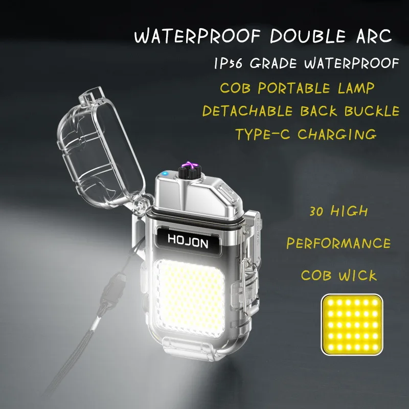 

Waterproof Transparent Shell Pulse Plasma Flameless Double Arc Type-C Lighter Outdoor Windproof COB Emergency Light Camping Tool