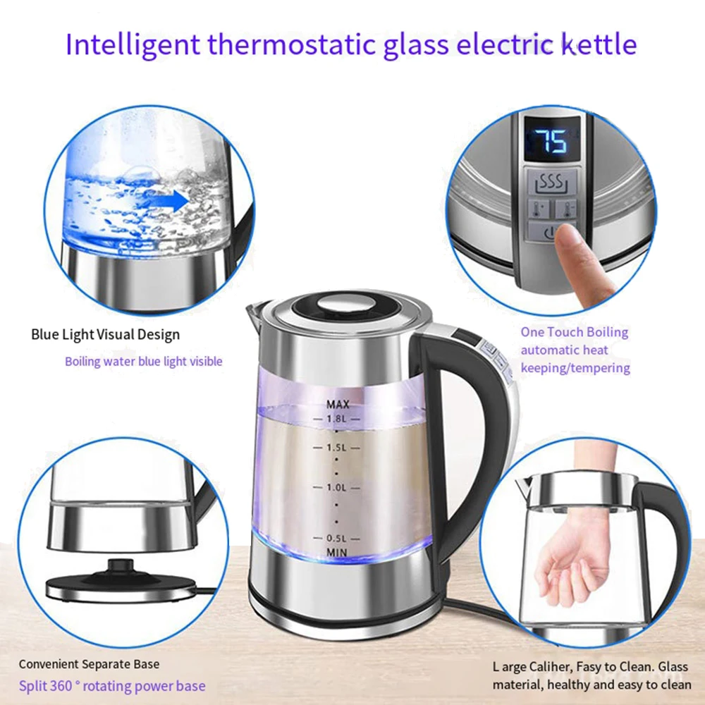 Intelligent Thermostatic Glass Electric Kettle 1.8L Household Boilng Water Multifunction 220V Automatic Power Off Insulation 2