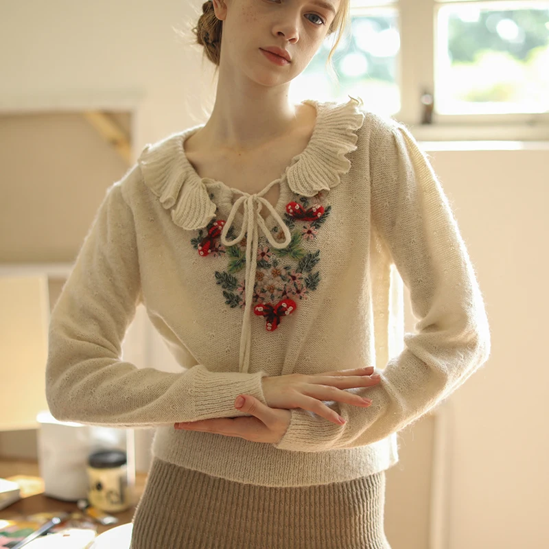 

100cm Bust Autumn Spring Women Loose Mori Kei Girl Fashion Handmade Floral Embroidered Woolen Pullover Sweaters