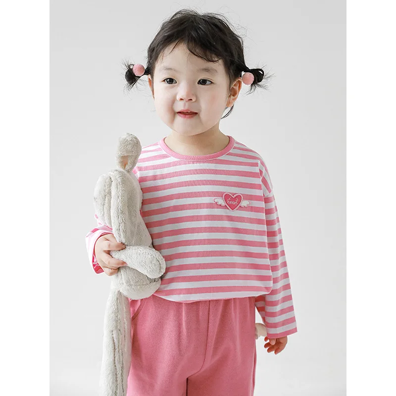 

Girls' Love Stripe T-shirt Children's New Spring Bottom Shirt Baby Korean Denim Pants