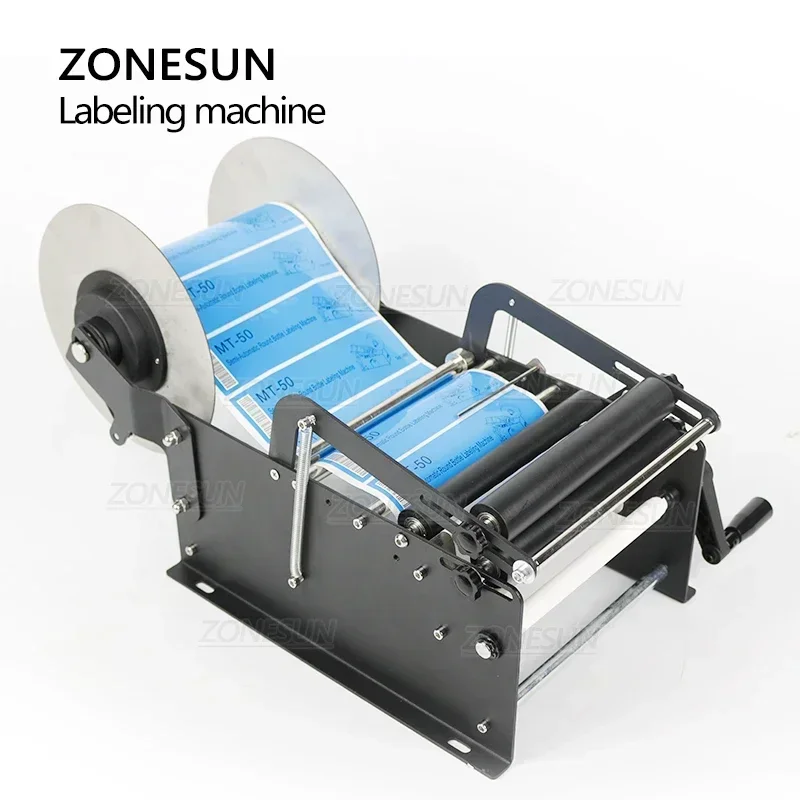 ZONESUN ZS-50W 스티커 라벨 붙이는 기계 부착기 인쇄기 라벨링기 슬리브 수동 미네랄 워터 플라스틱 원형 병 라벨링 기계, 원형 병 스티커 라벨 포장 기계
