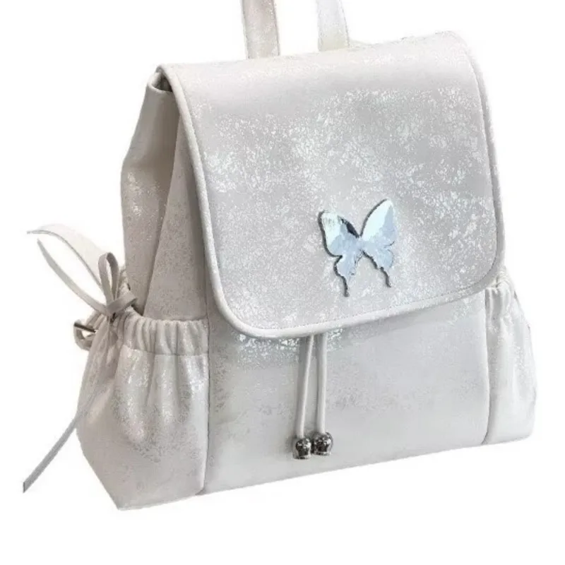 White Ballet Style Backpack Women Bow Butterfly Patch Large Capacity Backpack Ladies Elegant Gentle Exquisite Mochilas Mujer New