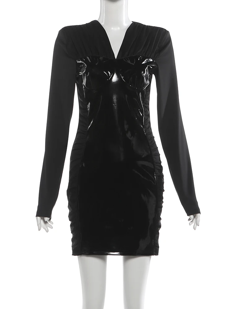 Nibber Faux Leather Dress Women v-Neck Patchwork Office Style Full Sleeve Skinny Elegant Classic Fashion Spring Street Bodycon