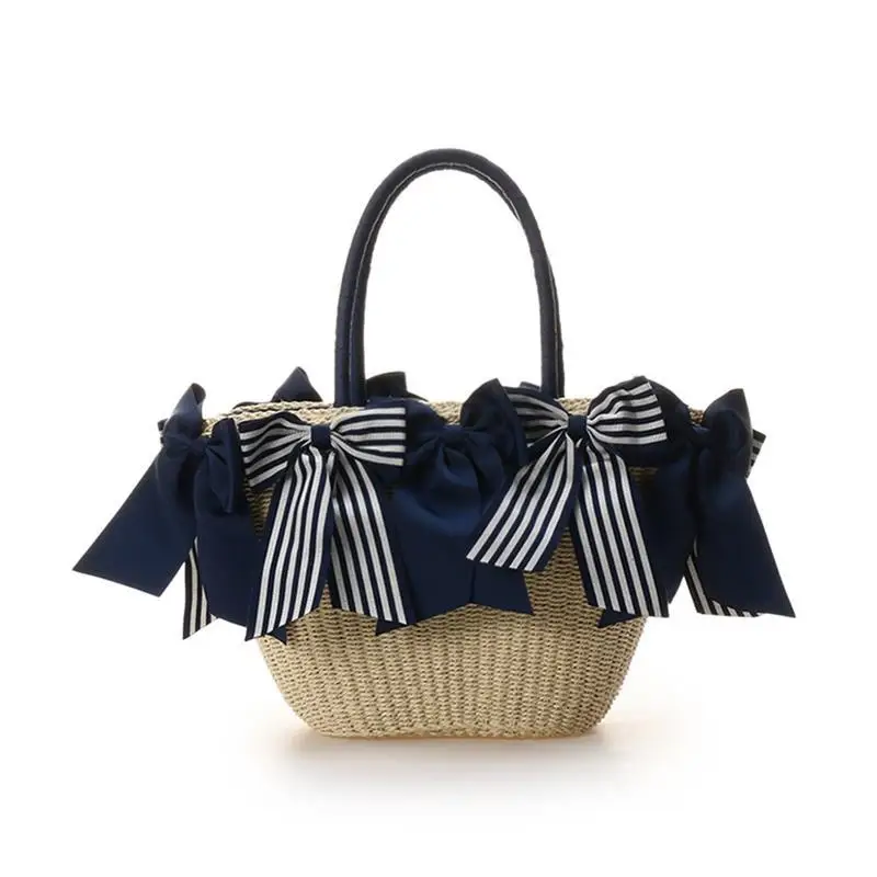 thumbnail image 1 of Bolso de mano plisado con lazo de moda francesa 2024 para mujer, moderno bolso de verano para vacaciones en la playa de gran capacidad, bolso tejido con forma de cubo y hierba para mujer, 1 of 5