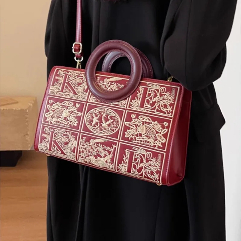 JIAERDI Retro Red Embroidery Tote Bag Women Leather Large Capacity Shoulder Bag Ladies Elegant Premium Luxury Design Handbag New