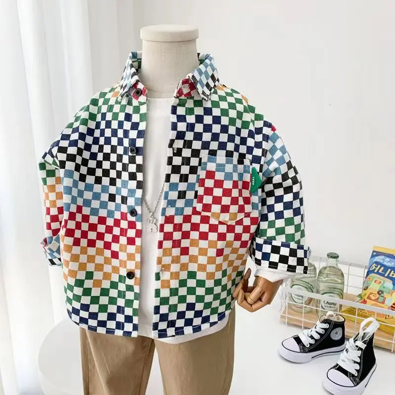 Kids Boys Spring Korean Casual Shirt Fashionable Mosaic