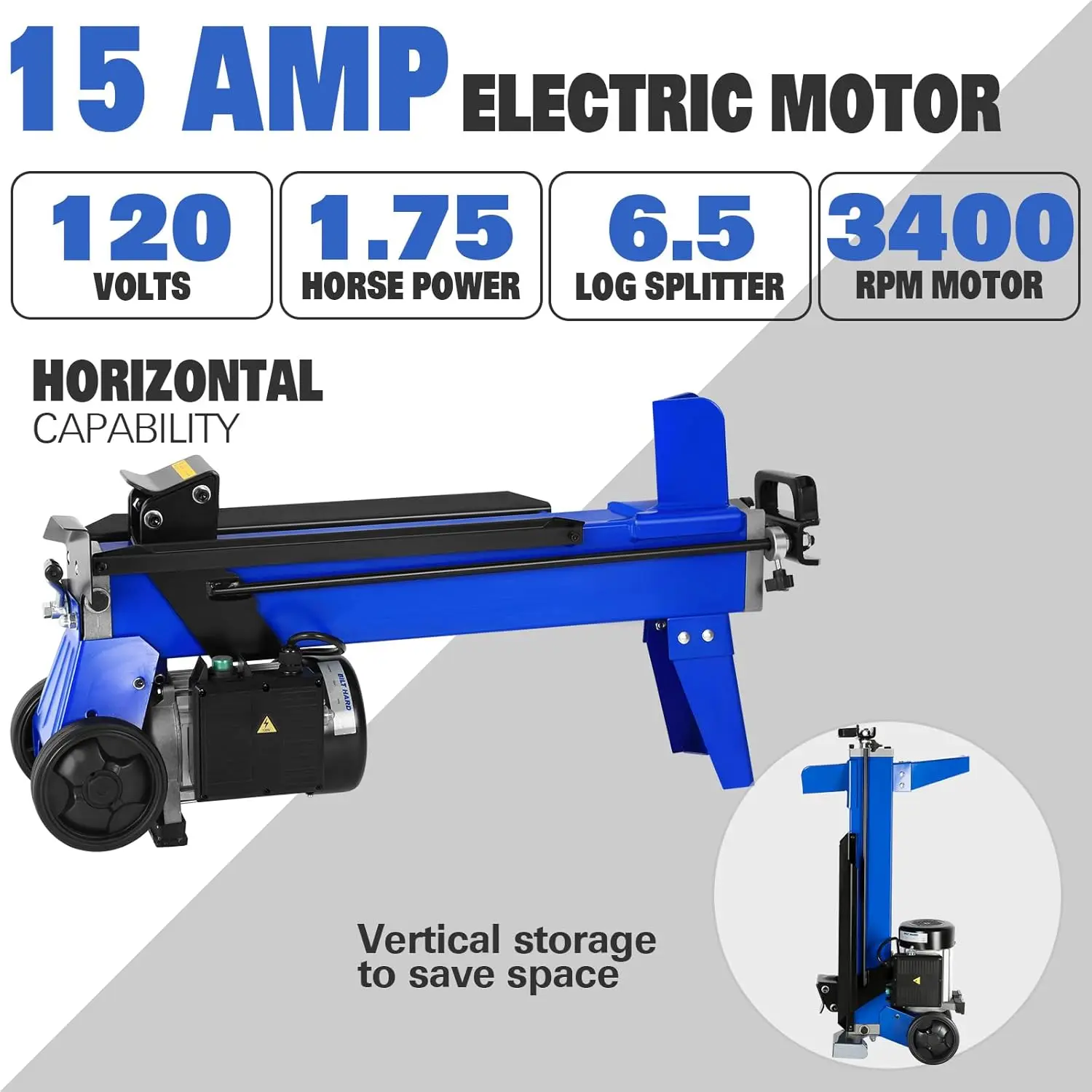 hykolity 6.5 Ton Log Splitter, Wood Splitter Electric Powered 15-Amp with Hydraulic Ram, Electric Firewood Splitter