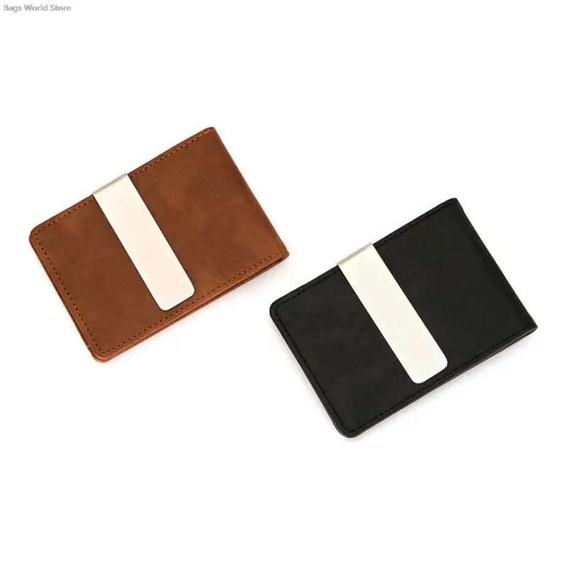 1pc Fashion Men PU Leather Bifold Money Clips Multi functional Thin Metal Clamp Wallet Card Holder