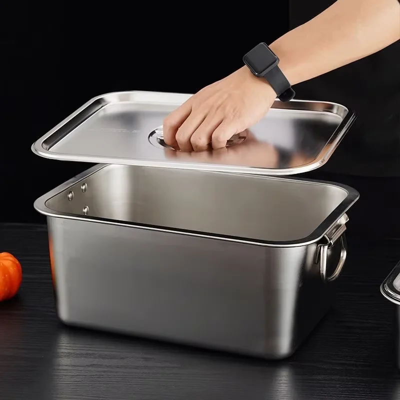 Thicken Stainless Steel Square Basin Deep Plate Fruit Food Storage Tray with Handle Cake Bread Loaf Pans Kitchen Baking Dish 3