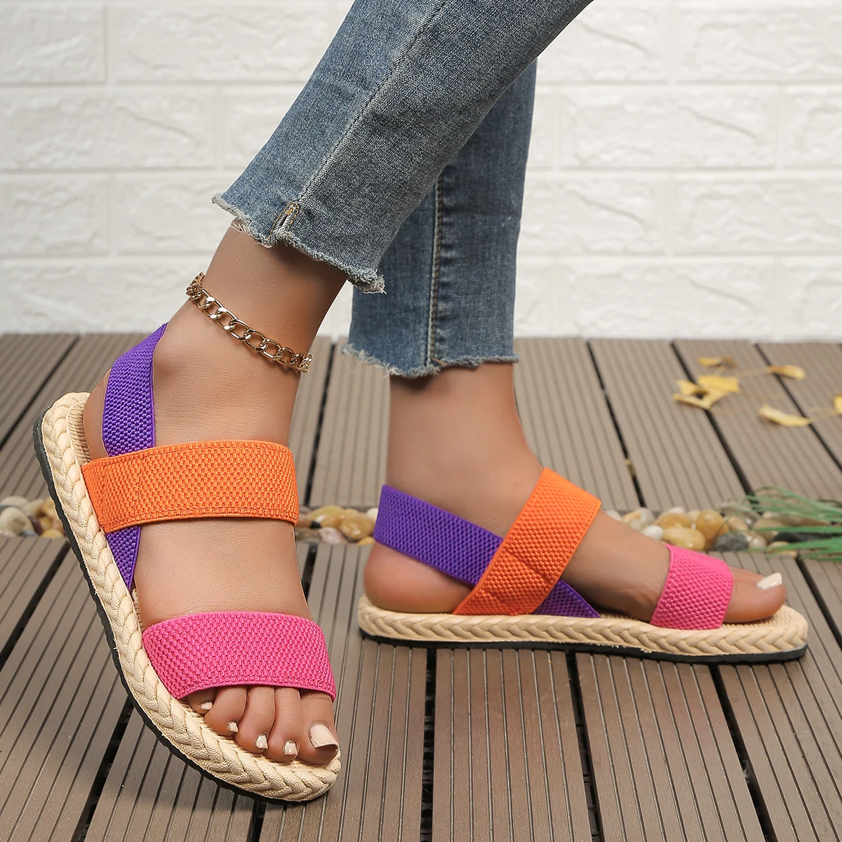 Women&rsquo;s Anti-slip Wear-resistant Elastic Flat Sandals Fashion Trend Multi-color Matching