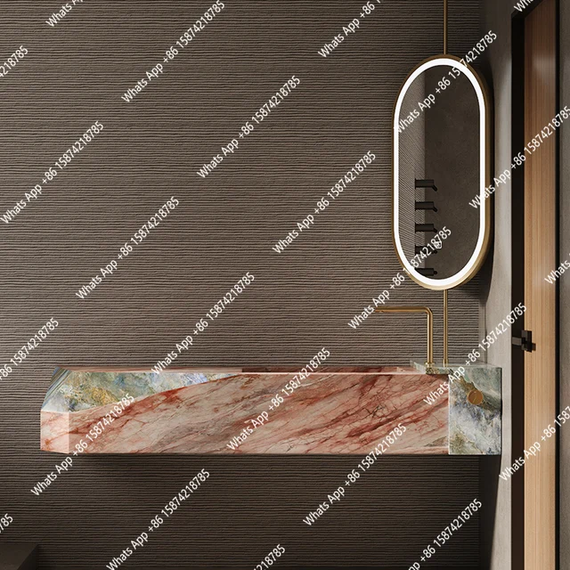 อ่างล้างหน้าแบบลอยตัวสีชมพูหรูหรา ผลิตจากแผ่นหิน ดีไซน์ไร้รอยต่อ สำหรับห้องน้ำสไตล์หรูหรา ระดับไฮเอนด์ ผลิตตามสั่ง 2