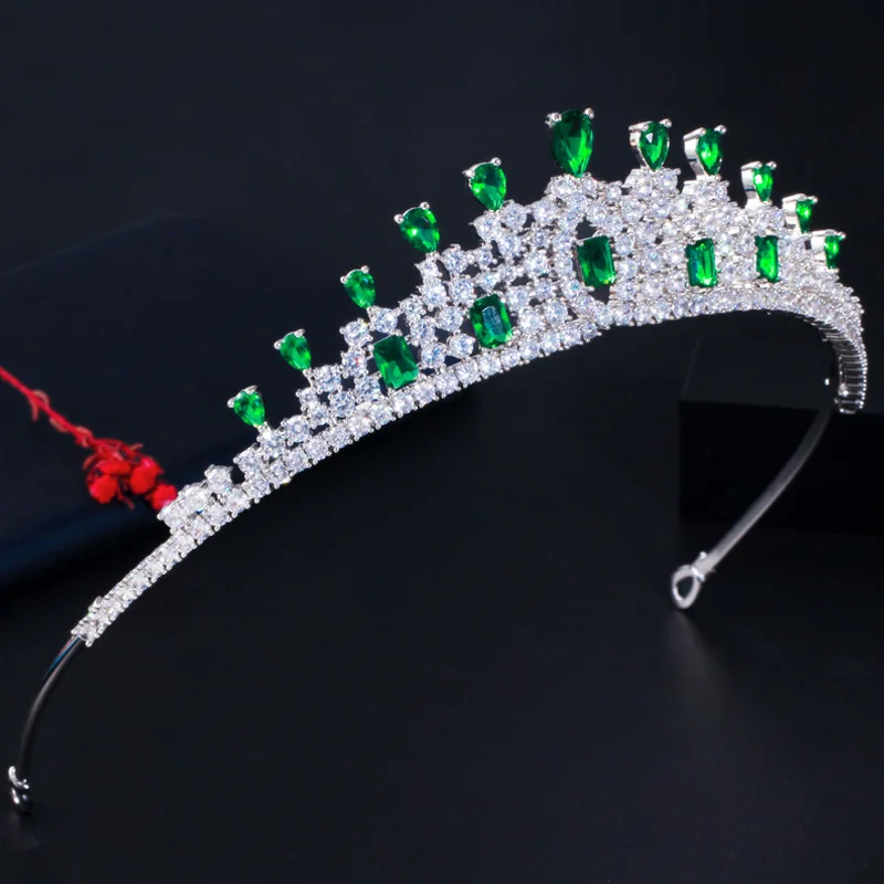 Pera Elegant Green White Cubic Zirconia Bridal Tiara and Crowns Hair Accessories Costume Headwear Party Jewelry for Women H030 wedding hair with tiara