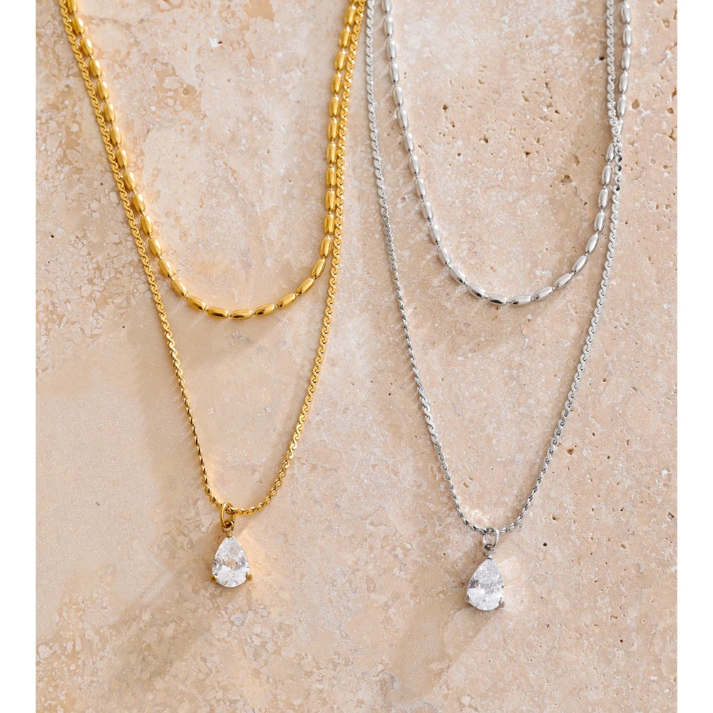 Yhpup Stainless Steel Pendant Necklace Zircon Water Drop