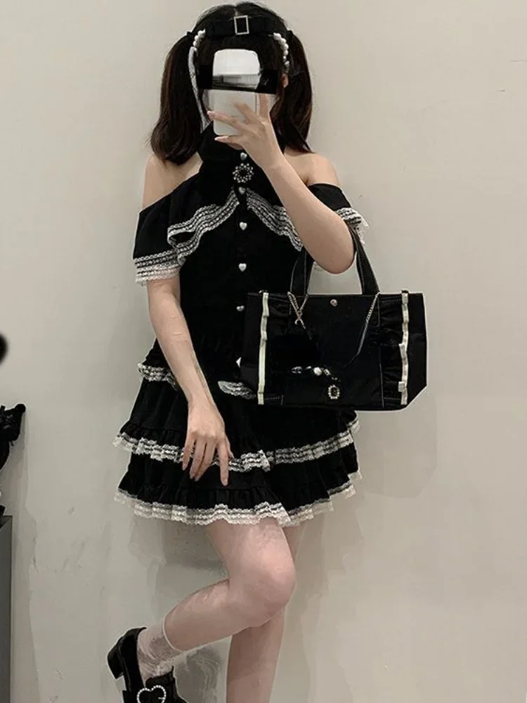 Japanese Kawaii Mini Cake Skirt Womens Black Casual Elegant Lolita Sexy High Waist Lace Y2k Aesthetic Sweet Gothic Faldas 4