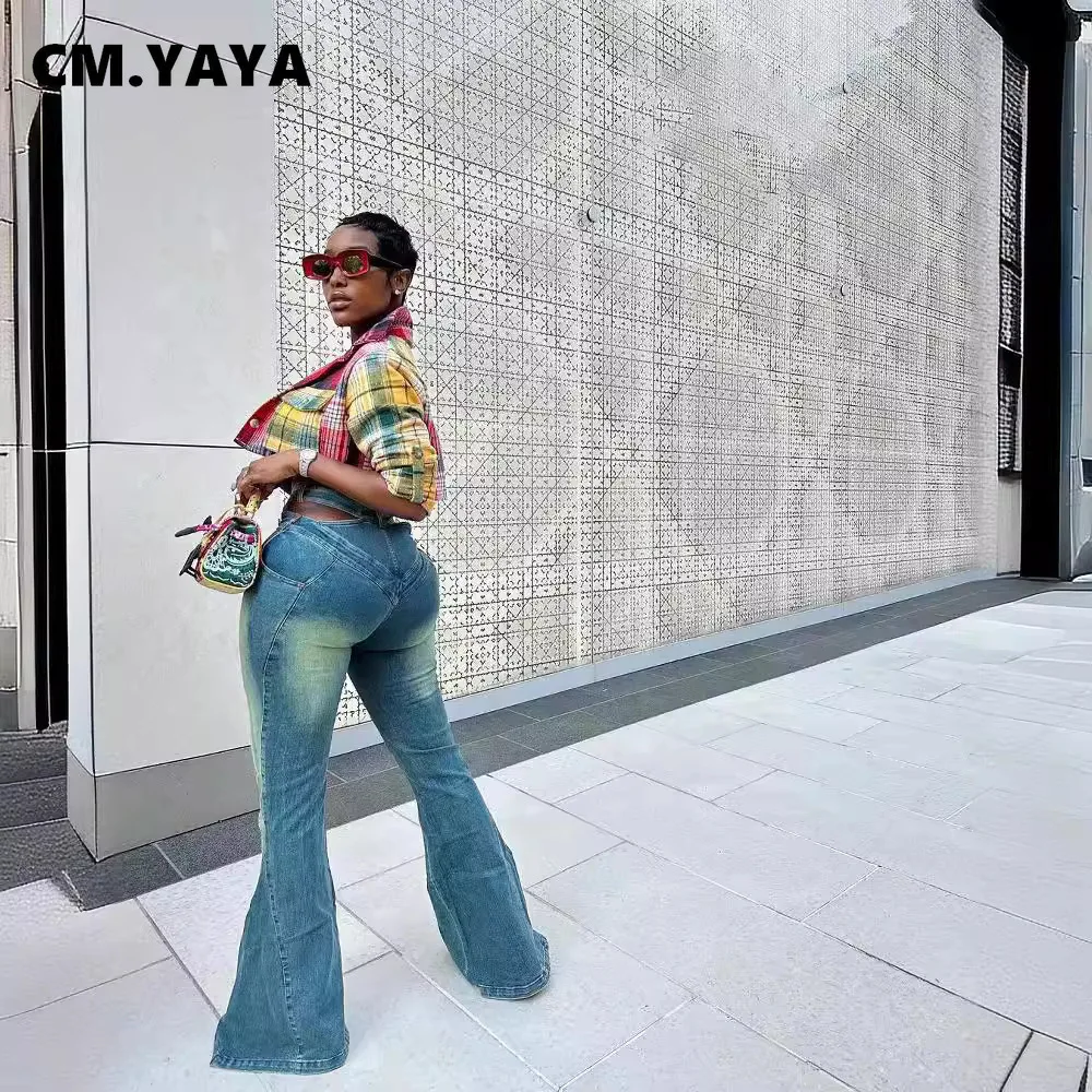 CM.YAYA 2024 단추 여성용 데님 스키니 팬츠, 레트로 찢어진 청바지, 플레어 팬츠, 레이디 캐주얼 벨 하의 바지