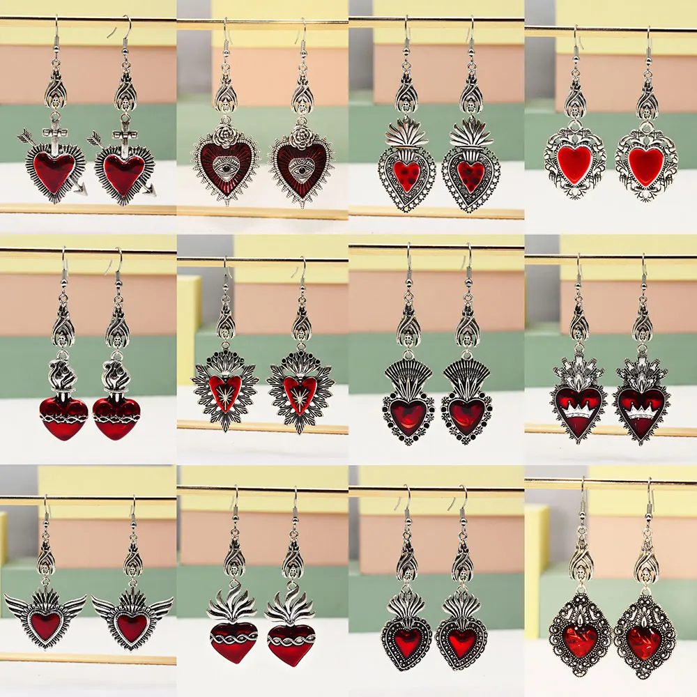 ANXIN Punk Acrylic Heart Flame Earrings - Unique Red Exaggerated Hoop Earrings For Women, Hip Hop Style - View #3