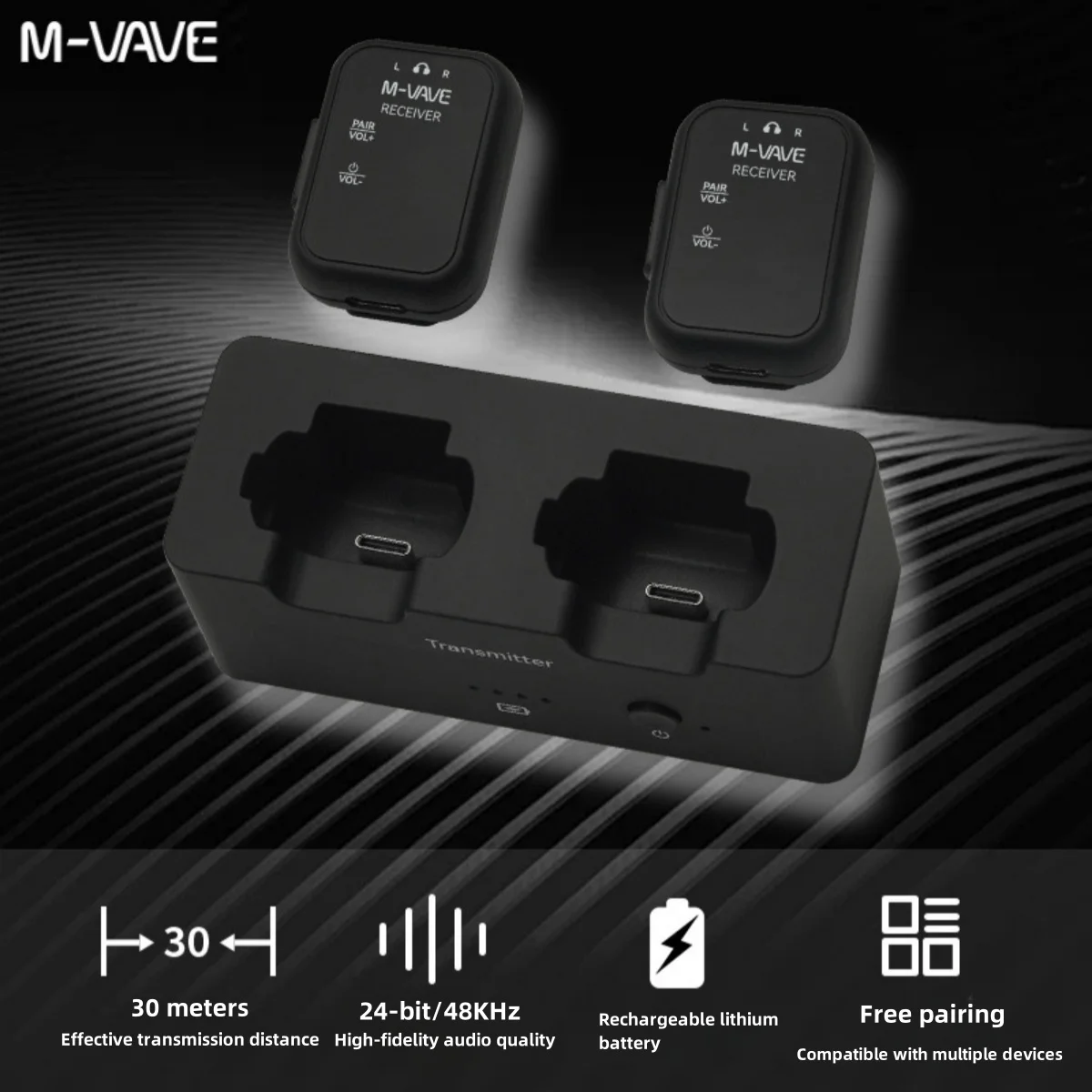 M-VAVE WP-12 2.4GHz Wireless In-Ear Monitoring System 1 Transmitter + 2 Receivers 3ms Ultra-Low Latency 24-Hour Playback wireless earphone monitor