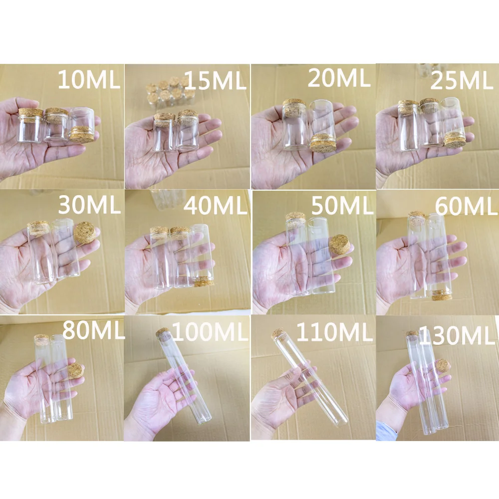 10ml/15ml/20ml/25ml/30ml/40ml/50ml/60ml/80ml/100ml/110ml Small Glass Test Tube with Cork Stopper Bottles Jars Vials 24 Pieces 4