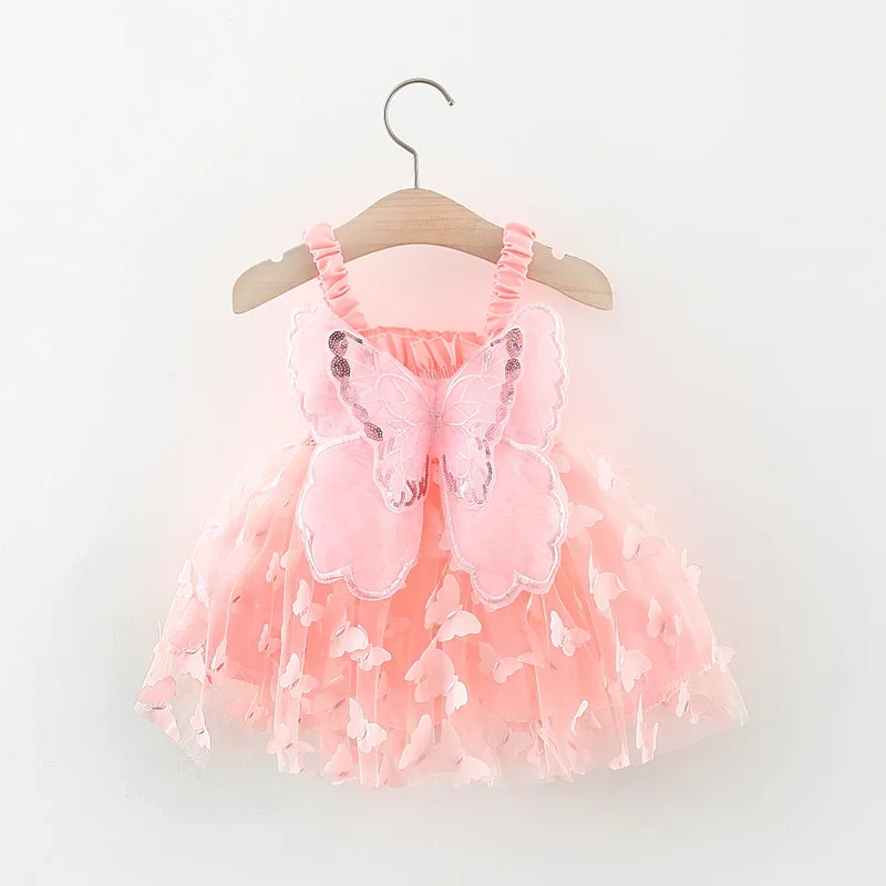 Girls' Summer Dress Large Butterfly Wings Back Drawstring Waist Mesh Colorful Butterfly Princess Dress Party girls dress