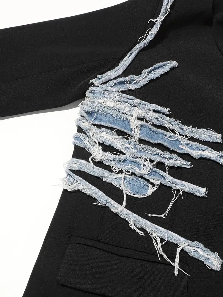 TWOTWINSTYLE Colorblock Spliced Denim Blazers For Women Notched Collar Long Sleeve Patchwork Button Chic Blazer Female Clothing