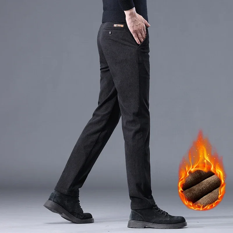 Winter Men's Fleece Casual Pants Corduroy Thicken Warm Plush Pants Fashion Straight Business Thermal Trousers Khaki Black Gray 5