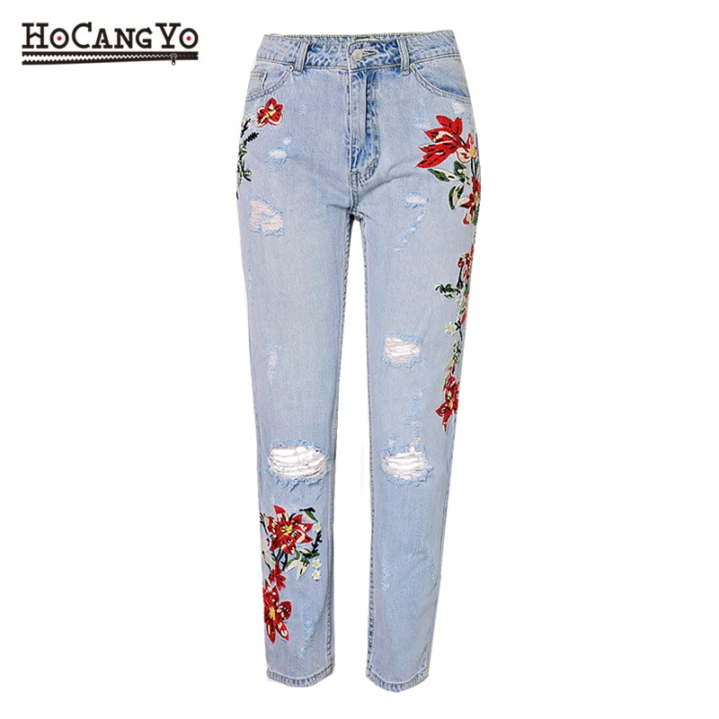 High Waist Jeans Women Straight 3D Embroidery Denim Pants Hole Vintage