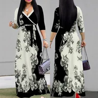 Plus Size Elegant Long V-neck Midi Dress Fashionable plus Size Women's Cross-border Polyester Spandex A- line Skirt for Autumn