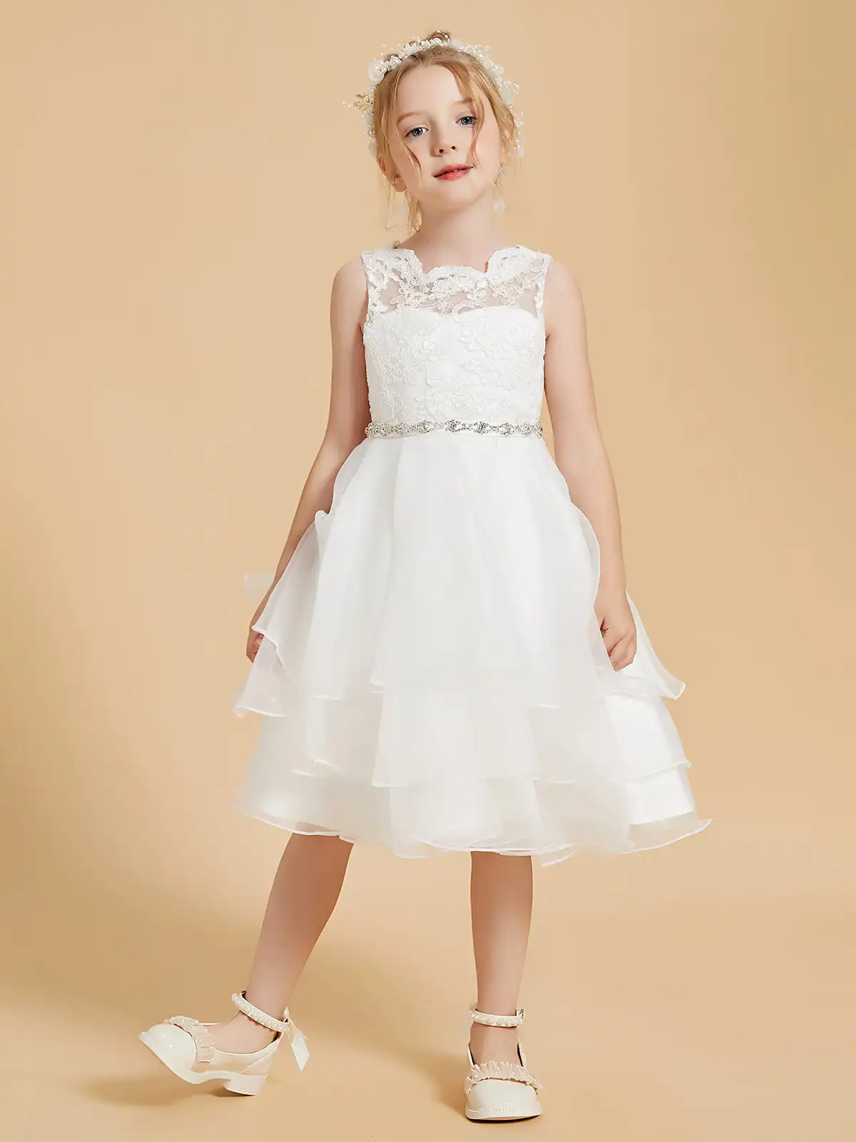 A-Line Lace Sleeveless Tulle Flower Girl Dresses Scoop Neckline Knee-Length Wedding Children Birthday Floor Length Party Gowns