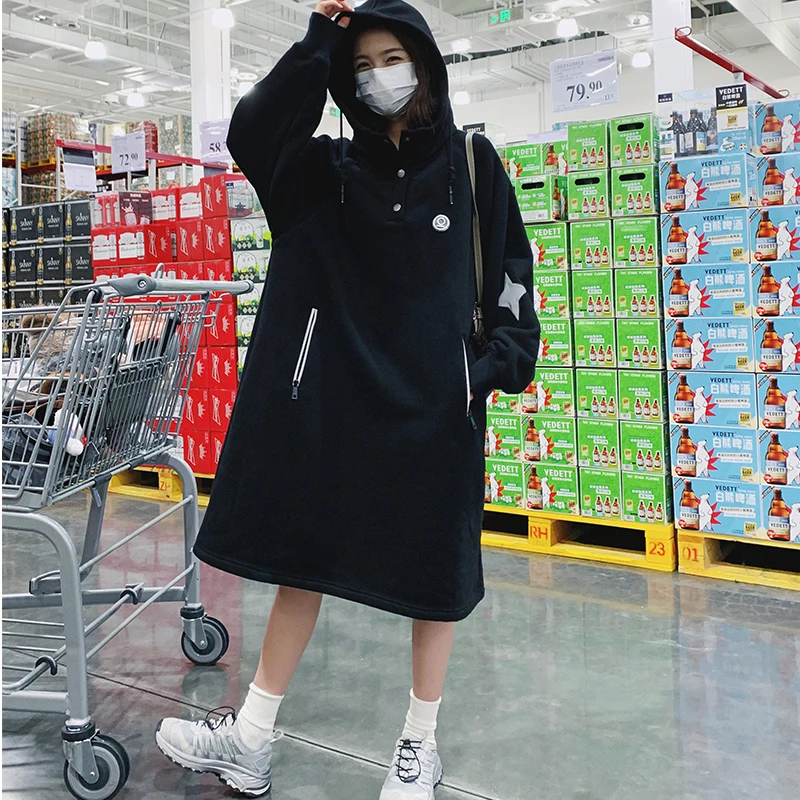 

Reflective Star Hooded Black Long Sweatshirt Dress for Women 2023 Autumn Winter Streetwear Trendy Loose Casual Hoodies Coat 8105