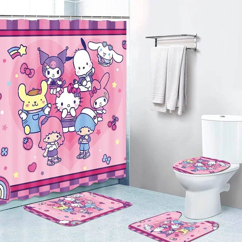 Hello Kitty Shower Curtain Sanrio Anime Kuromi Printing Floor Mat Toilet Mat Waterproof Shower Curtain Four Piece Set Cute Gift