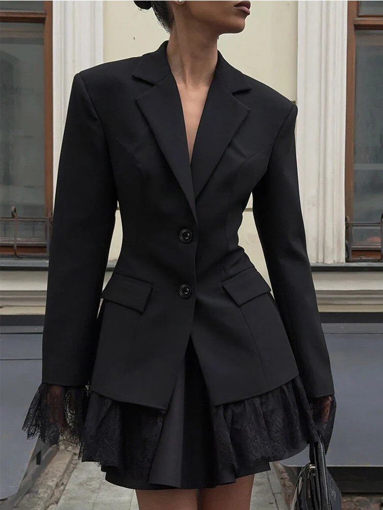 Autumn New Women Fashion Suit Coat Solid Color Elegant Lace Splicing Design Fashion Commuting Long Sleeved Coats Chic Slim