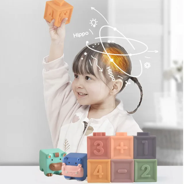 6/12Pcs Silicone Building Blocks Sensory Grasp Toys 3D Soft Touch Ball Rubber Stacking Cube Kids Bath Baby Toy 12 Months Gifts 6