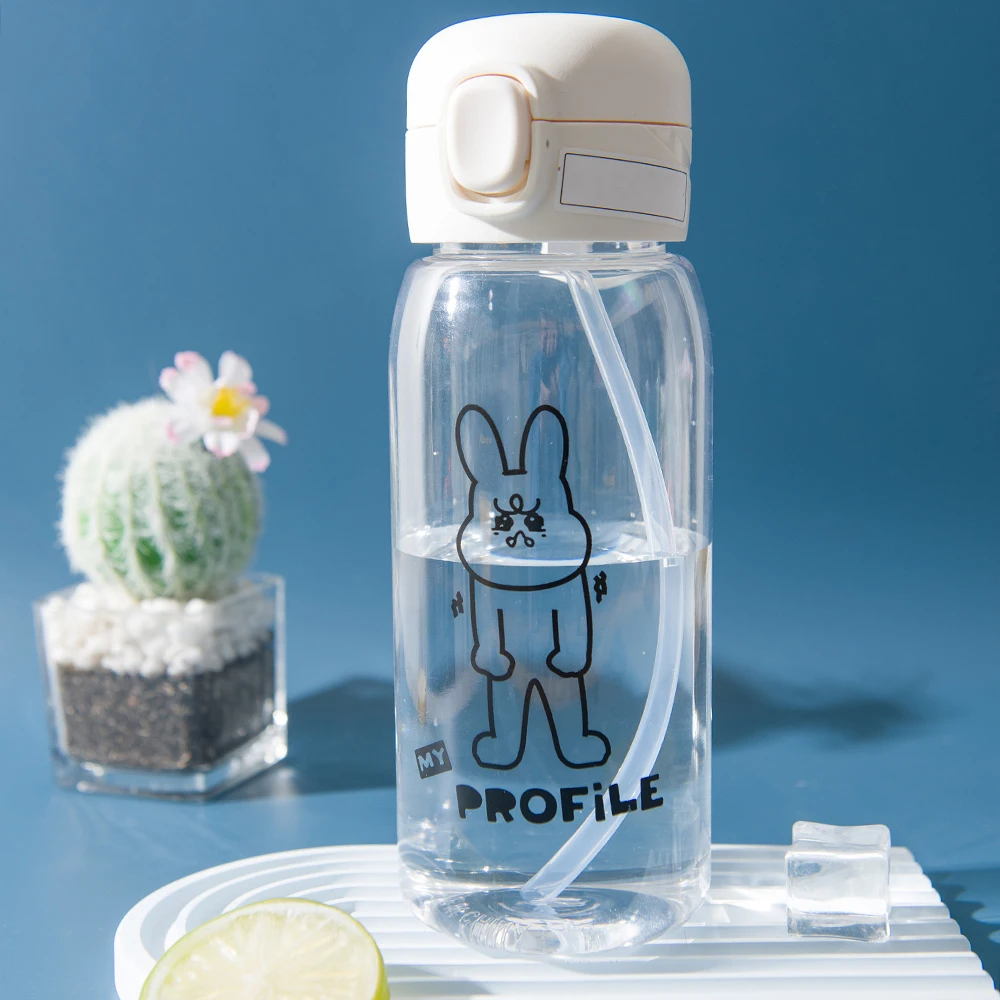 Large Capacity Portable Plastic Water Bottle with Straw - Cartoon Design, Drop Resistant
