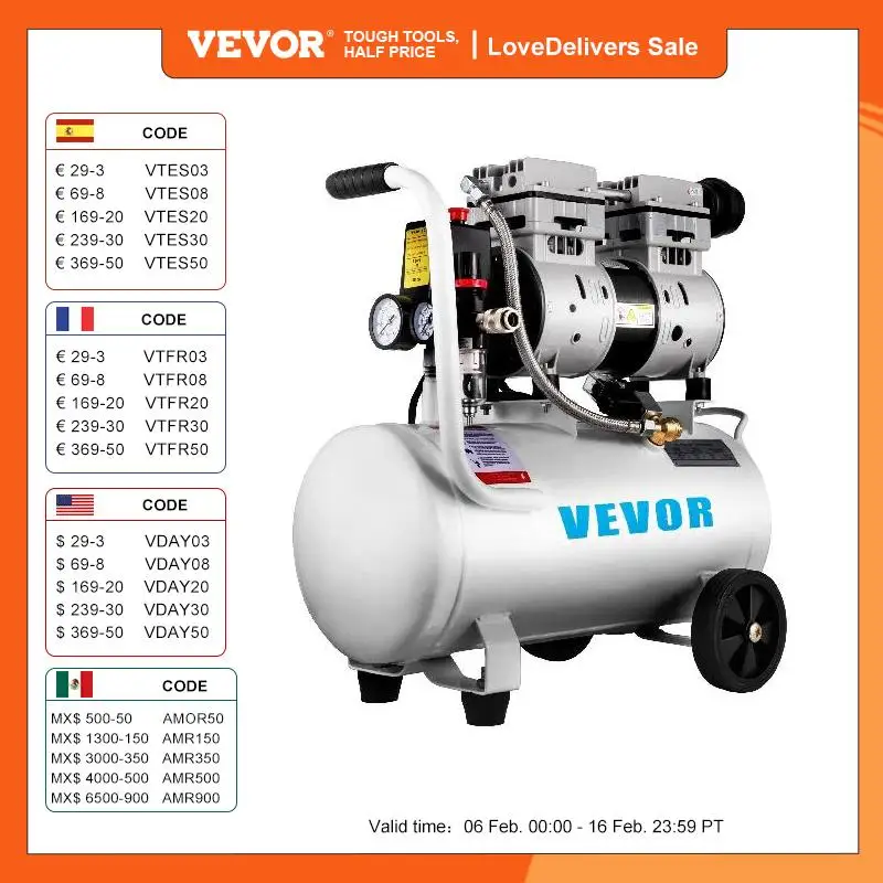 Compressore D'Aria Vevor 25/60L 110V/240V Compressore D'Aria Silenzioso Senza Olio 750W 1 Hp Per Riparazione Domestica Gonfiaggio Pneumatici Compresso