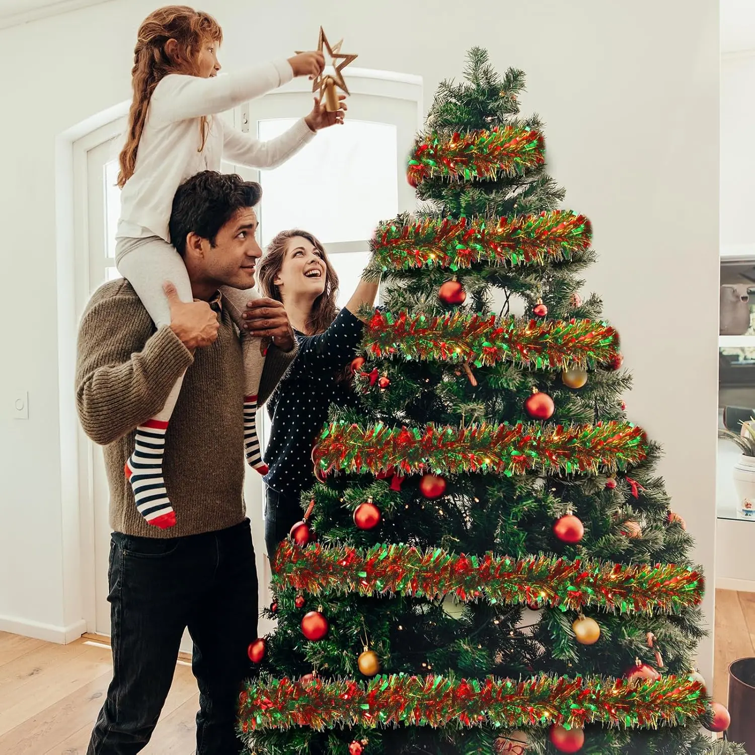 2/50M Christmas Tinsel Garlands Decoration Bar Tops Red Green Wreath Xmas Tree Ornaments Party Home Staircase Decor Pendant Prop