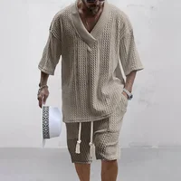 סט שורטס לגברים קיץ רגיל מסריגה שניים בגדי גברים V-Neck חולצת שרוול קצרה ומכנסיים Streetwear תלבושות סריגה 2