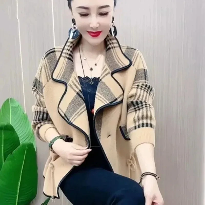 

Middle Aged Mothers Imitation Double-Sided Plaid Woolen Jacket Women Autumn Winter With Waistband Suit Collar Cardigan Ladies