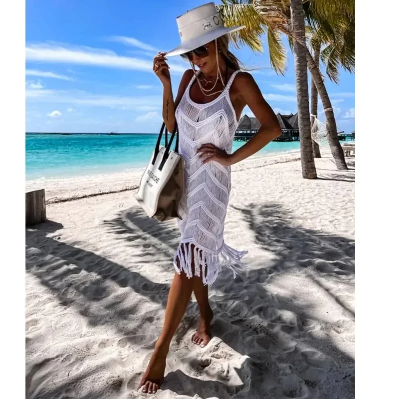 2024 White Crochet Tunic Bikini Cover-ups Sexy Hollow Out Dress for Women Summer Clothes See Through Beach Wear Tassel Cover Up
